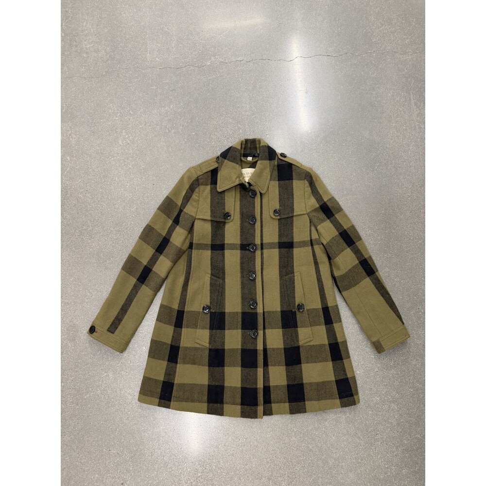 Burberry Brit Olive Green Plaid Virgin Wool Coat Jacket USA 8 UK 10 ITA 42